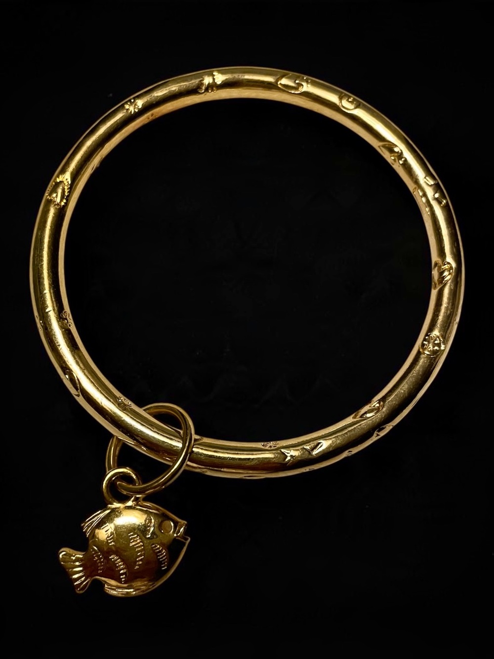 Trifari Vintage Gold Tone Bangle Bracelet with Fish Charm